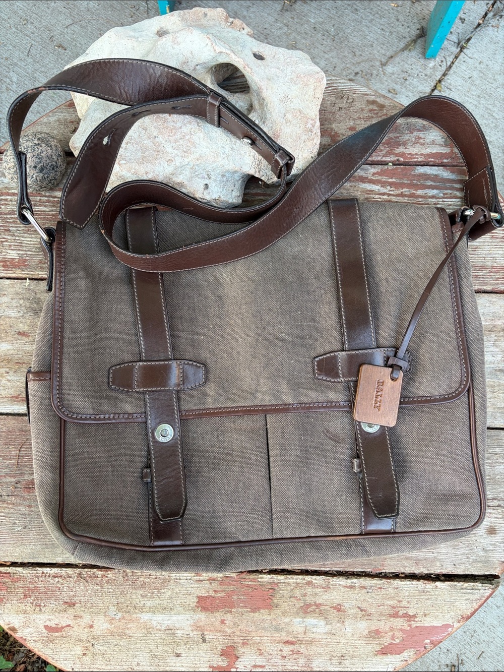 Bally Brown Canvas Messenger Bag with Dark Brown Leather Accents